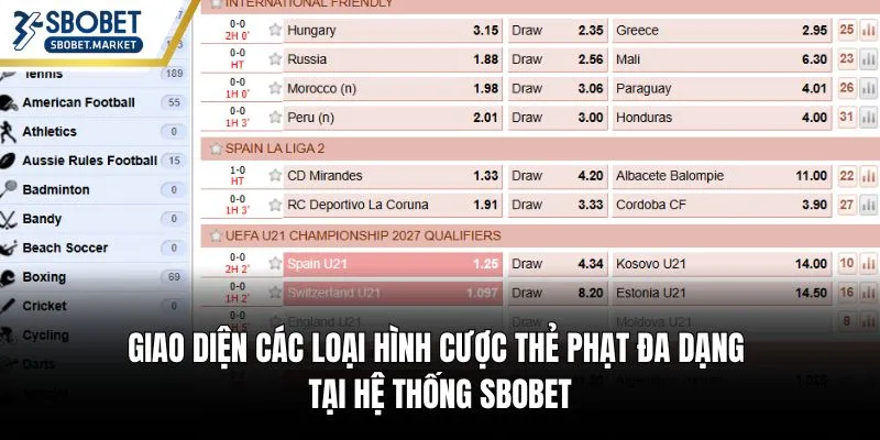 Giao diện các loại hình cược thẻ phạt đa dạng tại hệ thống Sbobet