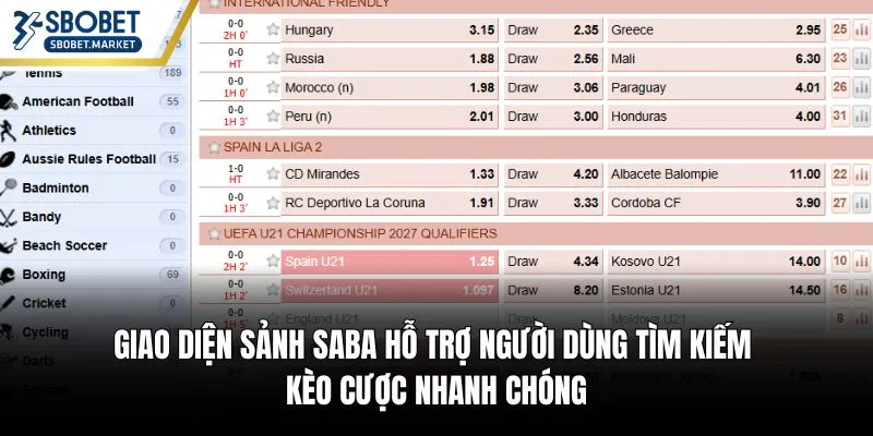 Giao diện sảnh Saba hỗ trợ người dùng tìm kiếm kèo cược nhanh chóng